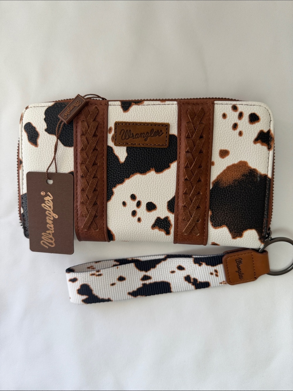 Wrangler Brown, Black & White Cowhide Zip Wallet with Wristlet